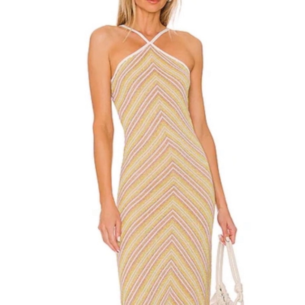 Misa Los Angeles Chevron Midi Dress in Pink and Yellow